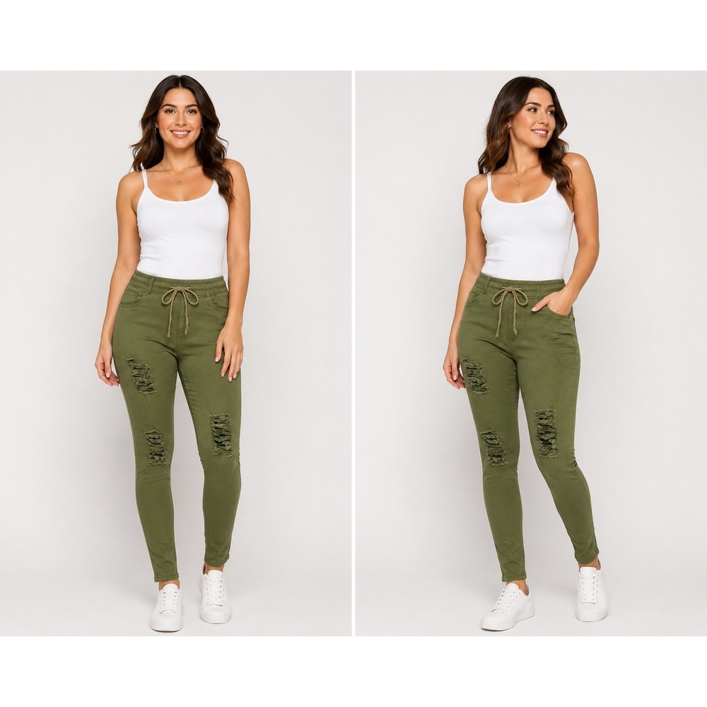 Ling Collection Womens Distressed Skinny Pants Olive‎ Green Pull On Size L 2861